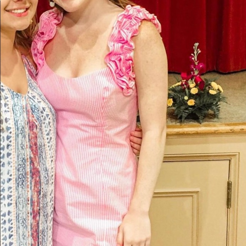 Lily Pulitzer pink and white seersucker above the knee dress